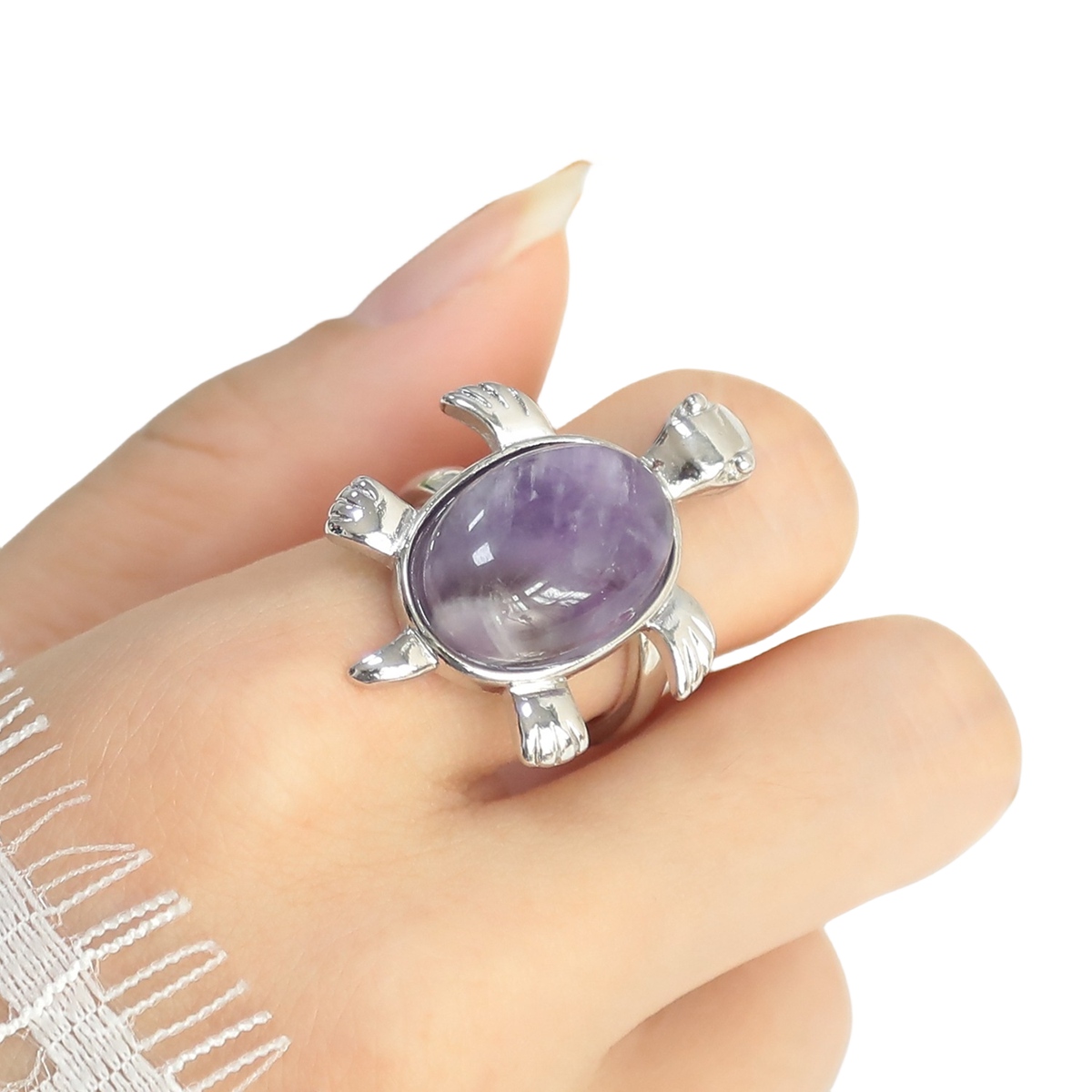 Silver Turtle & Tortoise Stone Rings for Women Men Adjustable  SR0148S