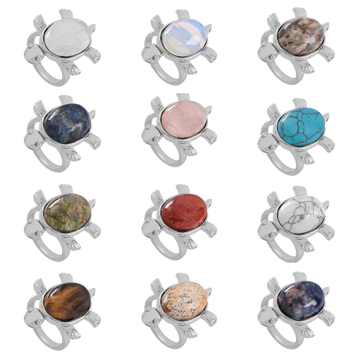 Silver Turtle & Tortoise Stone Rings for Women Men Adjustable  SR0148S