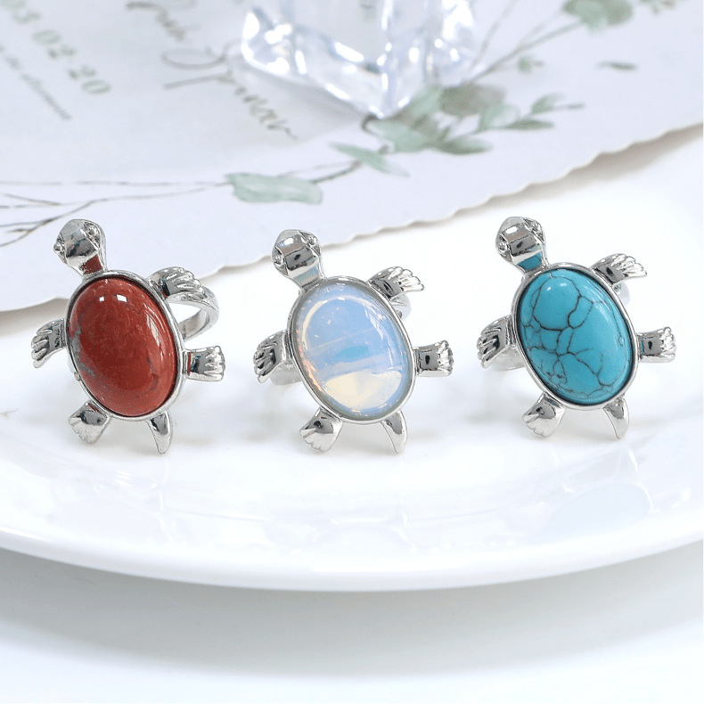 Silver Turtle & Tortoise Stone Rings for Women Men Adjustable  SR0148S