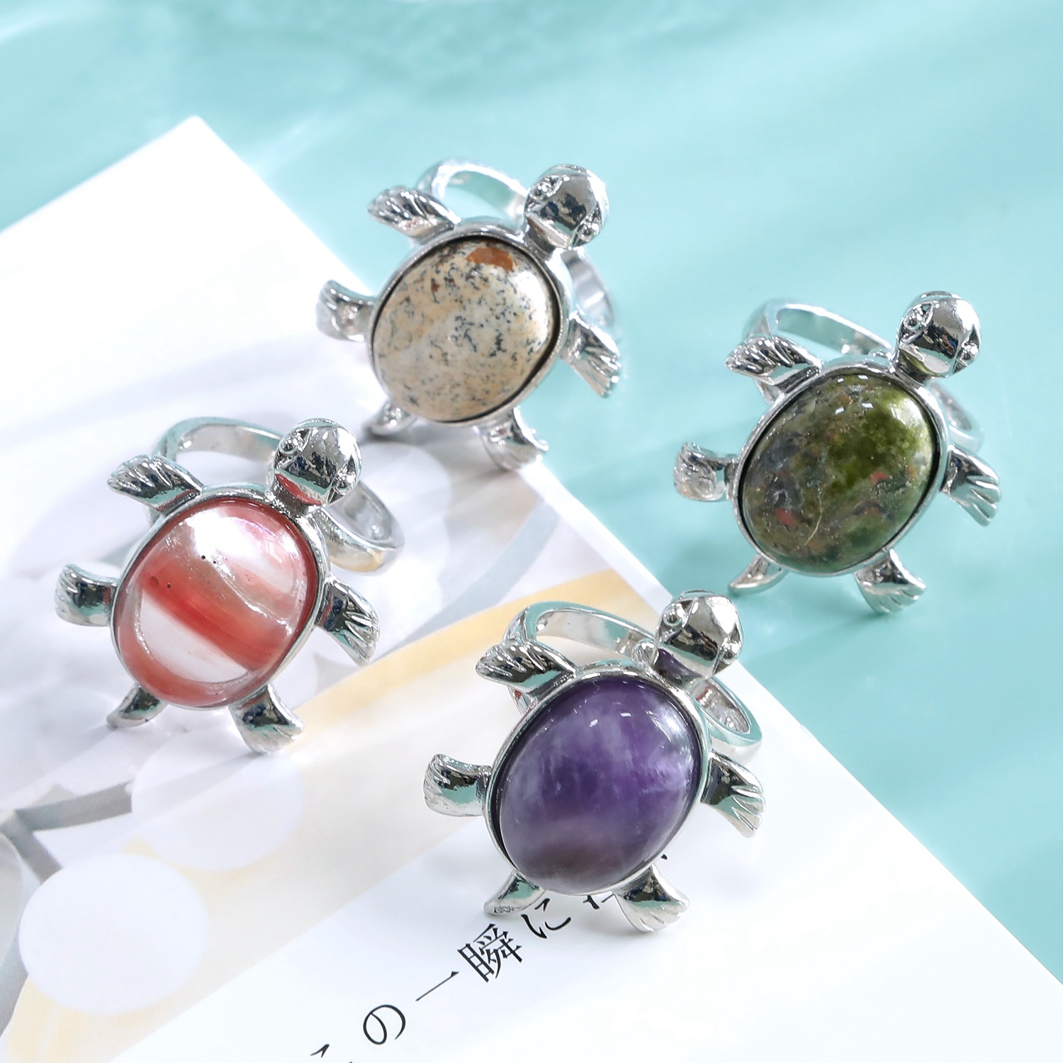 Silver Turtle & Tortoise Stone Rings for Women Men Adjustable  SR0148S