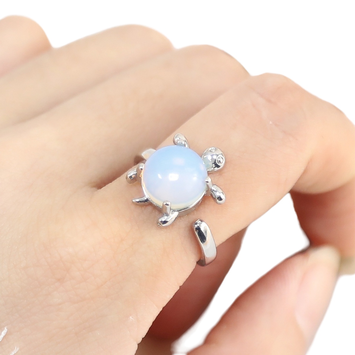 Silver Turtle & Tortoise Stone Rings for Women Men Adjustable  SR0149S 10MM Gemstone CAB