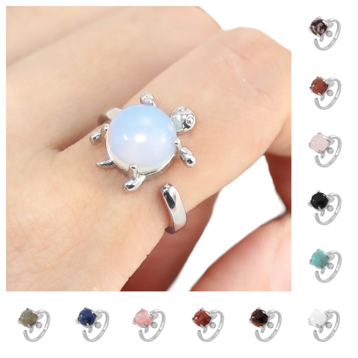Silver Turtle & Tortoise Stone Rings for Women Men Adjustable SR0149S 10MM Gemstone CAB