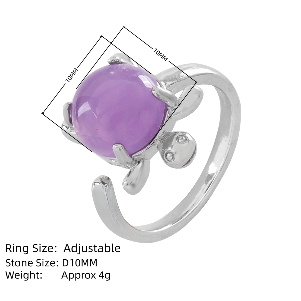 Silver Turtle & Tortoise Stone Rings for Women Men Adjustable SR0149S 10MM Gemstone CAB