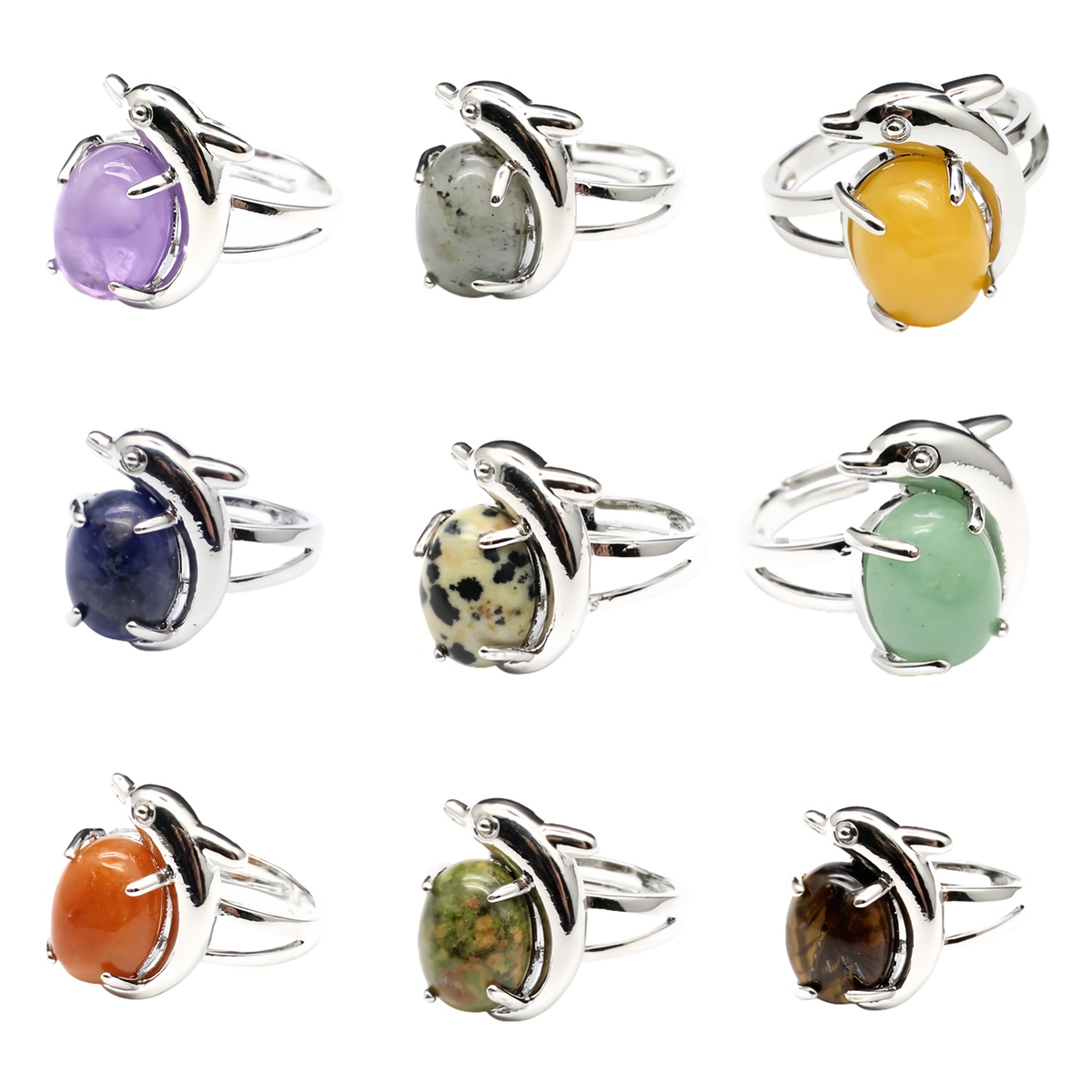 Silver Dolphin Stone Rings for Women Men Adjustable  SR0150S 10MM Gemstone CAB