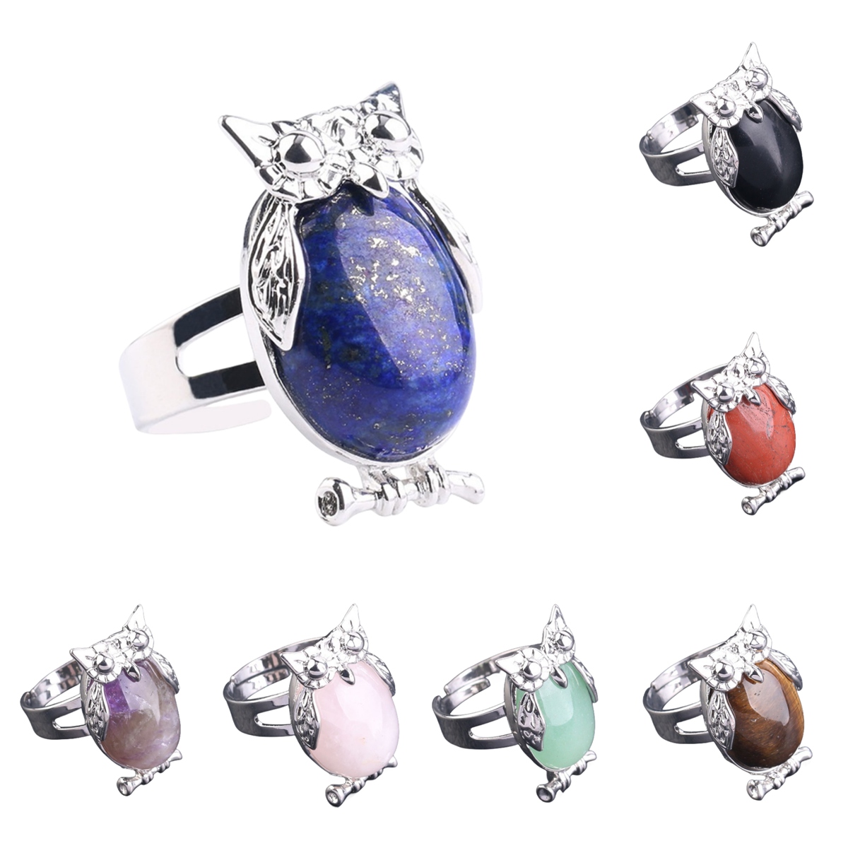 Silver Owl Stone Rings for Women Men Adjustable SR0151S
