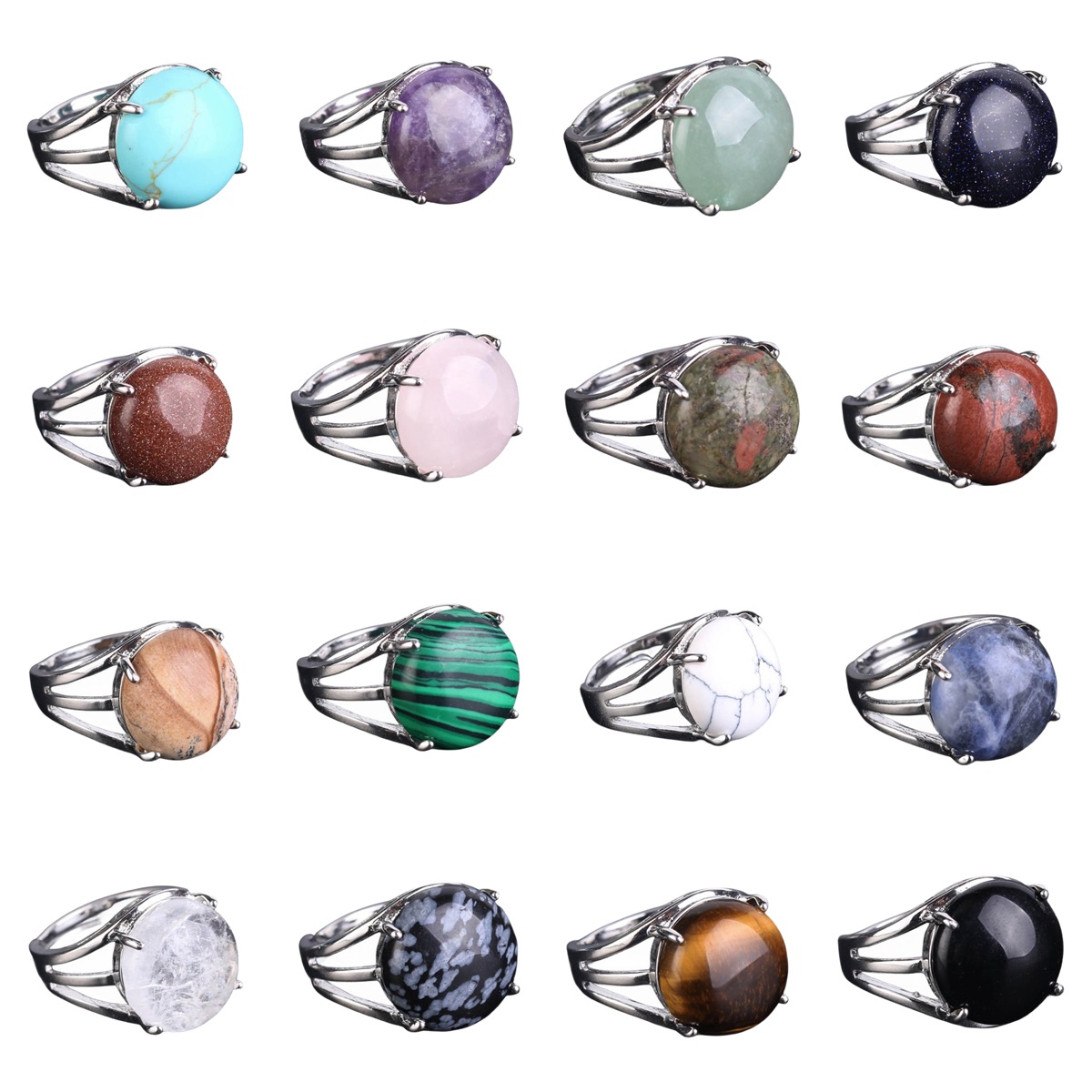 Silver 16MM CAB Stone Rings for Women Men Adjustable  SR0152S