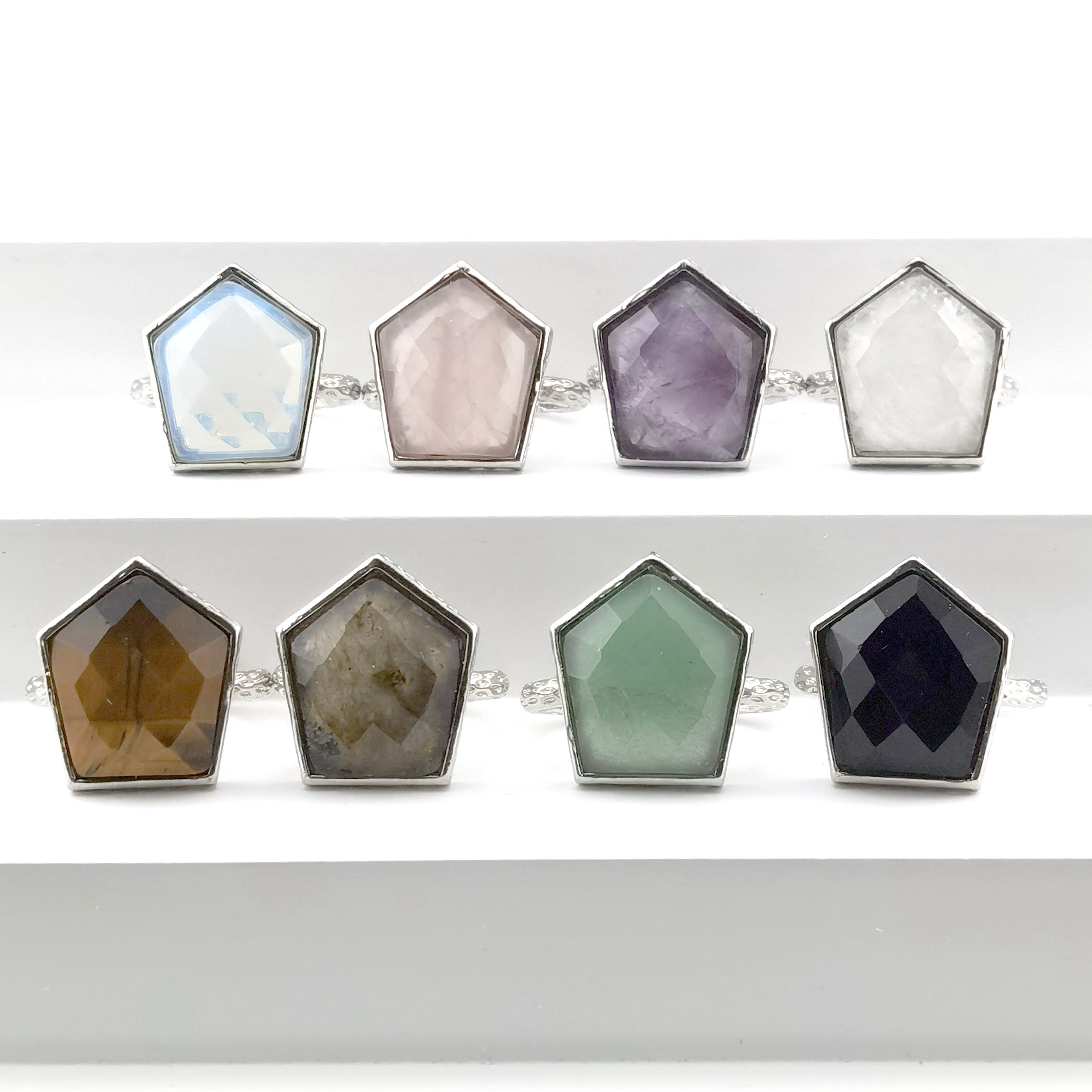  Adjustable Silver Stone Rings  15X18MM Faceted Pentagon Gemstone Cabochon SR0182S