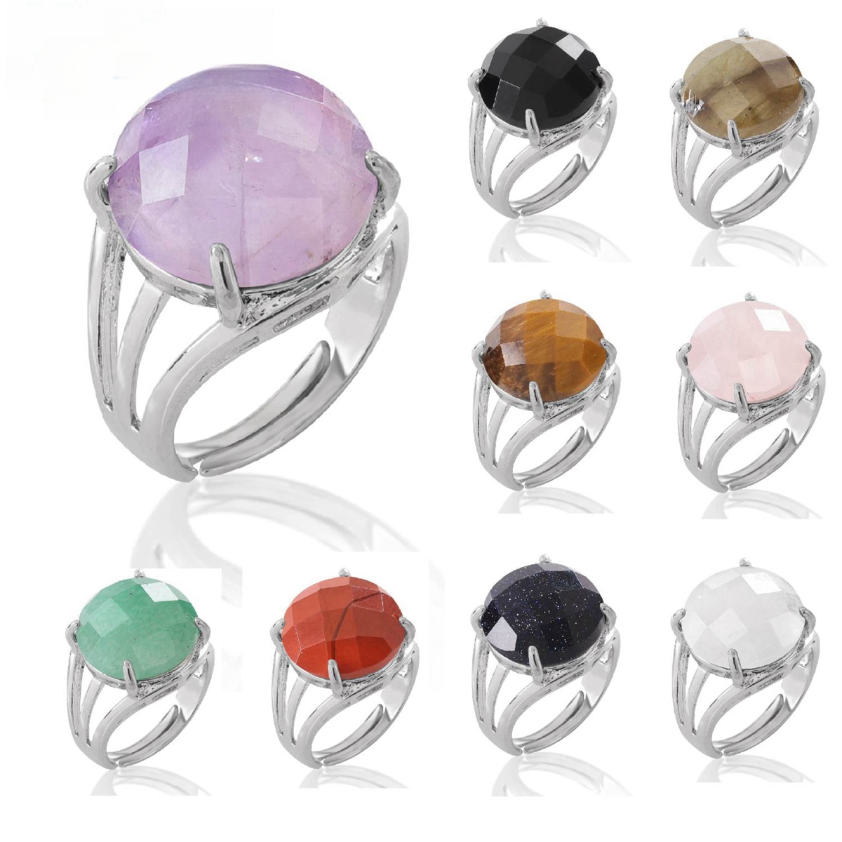 Silver Stone Rings for Women Men Adjustable  16MM Faceted CAB Gemstone SR0153S  