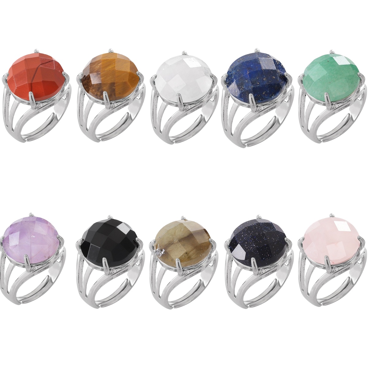 Silver Stone Rings for Women Men Adjustable  16MM Faceted CAB Gemstone SR0153S  