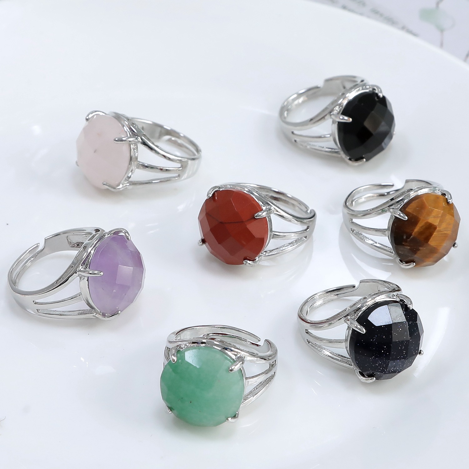 Silver Stone Rings for Women Men Adjustable  16MM Faceted CAB Gemstone SR0153S  