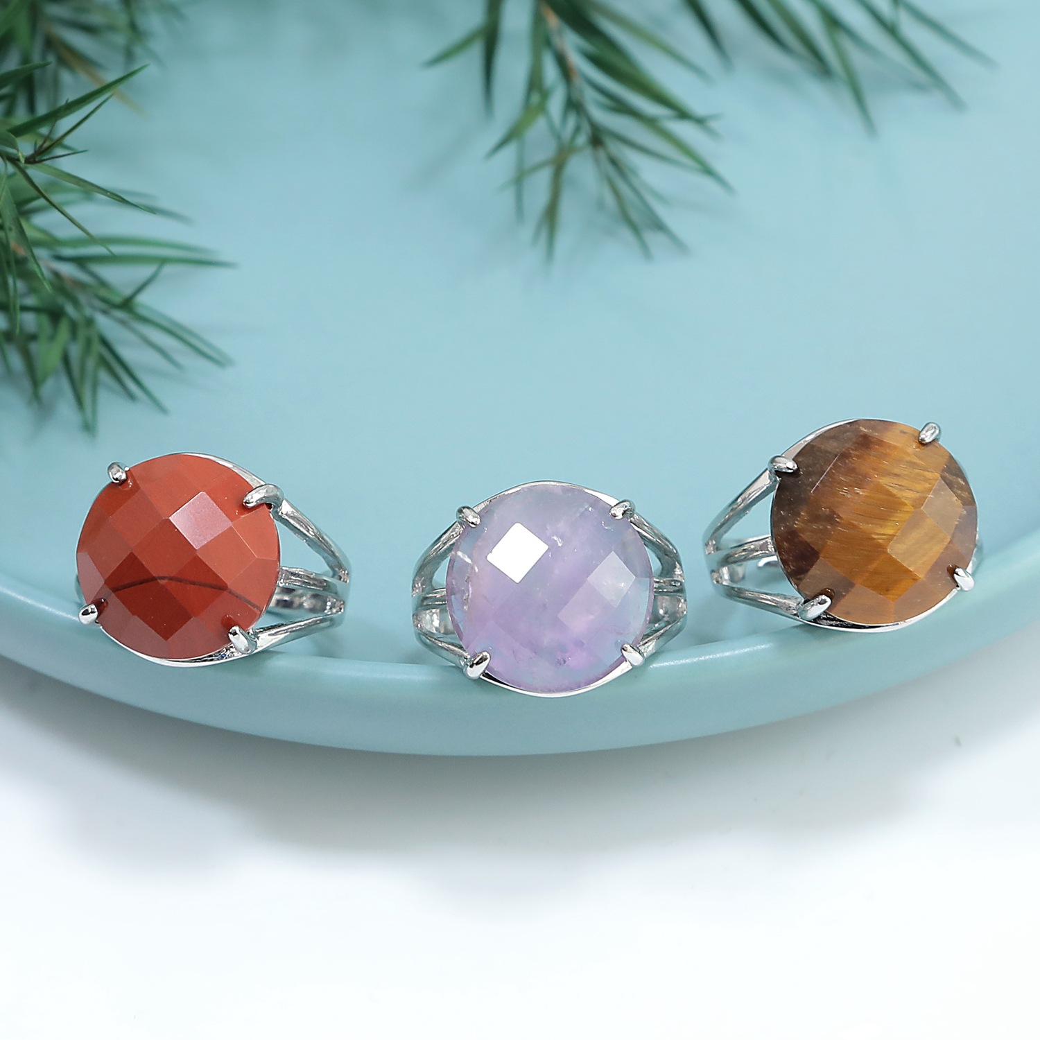 Silver Stone Rings for Women Men Adjustable  16MM Faceted CAB Gemstone SR0153S  