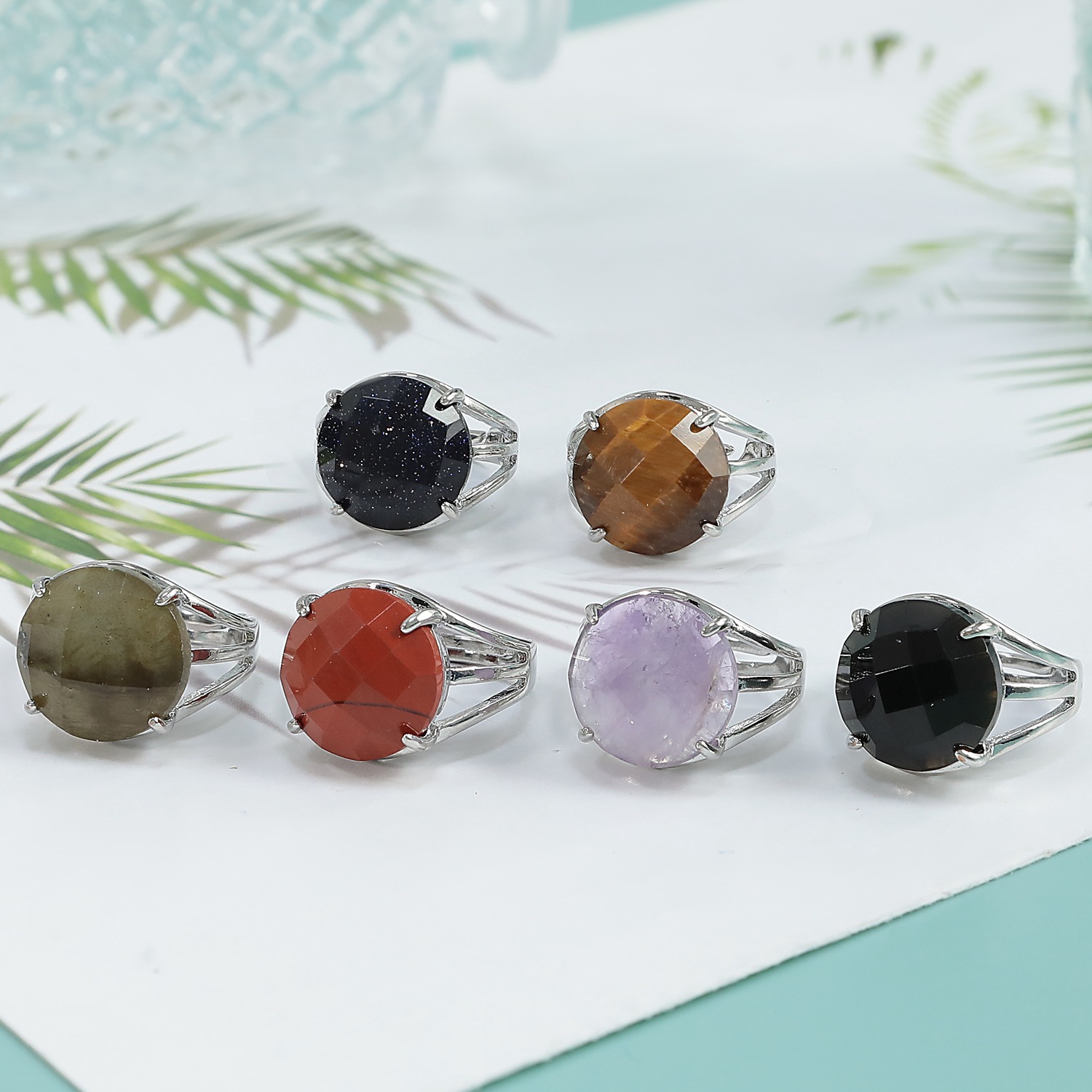 Silver Stone Rings for Women Men Adjustable  16MM Faceted CAB Gemstone SR0153S  