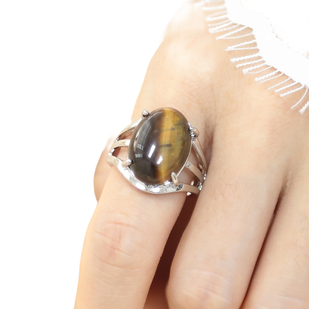 Silver Stone Rings for Women Men Adjustable  SR0154S 13X18MM Gemstone CAB