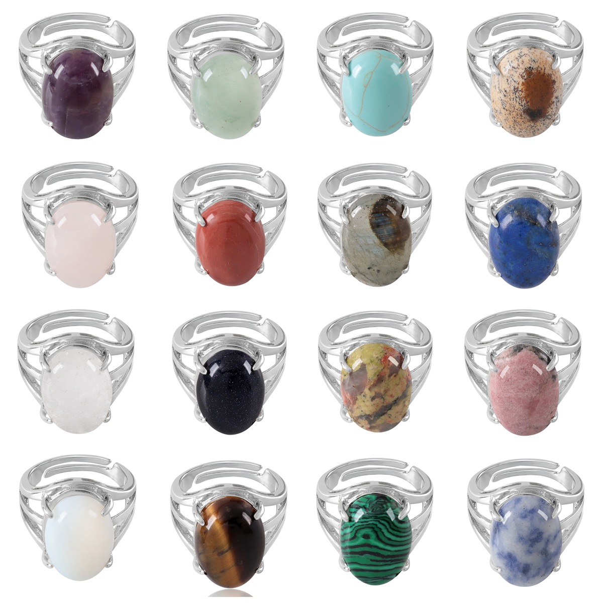 Silver Stone Rings for Women Men Adjustable  SR0154S 13X18MM Gemstone CAB