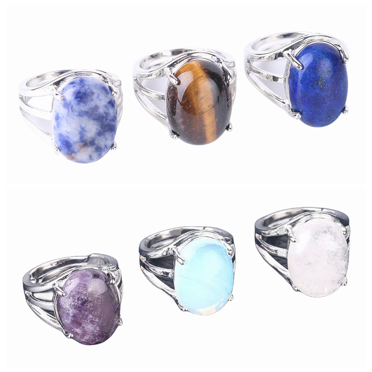 Silver Stone Rings for Women Men Adjustable  SR0154S 13X18MM Gemstone CAB