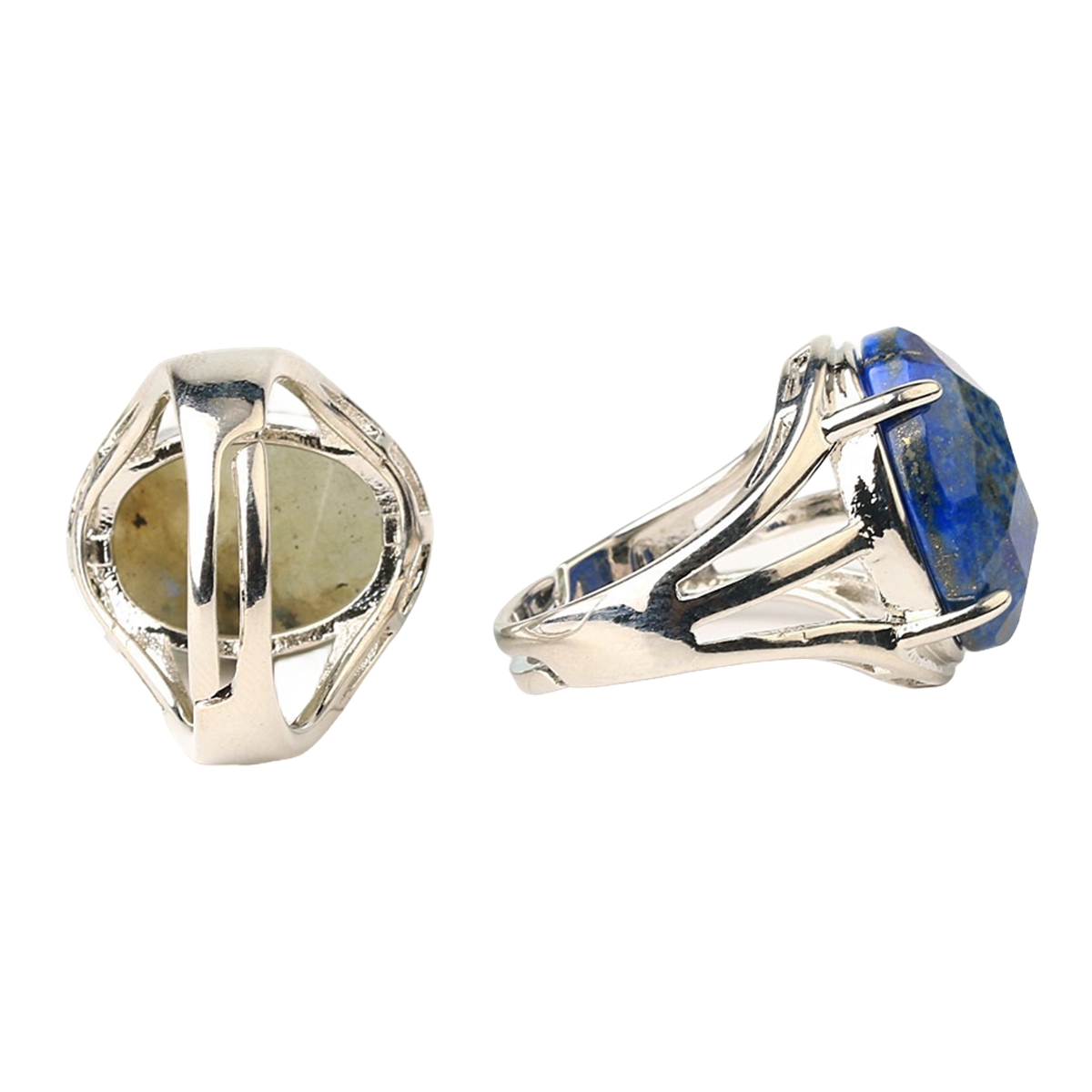 Silver Stone Rings for Women Men Adjustable 13X18MM Faceted Oval Gemstone CAB SR0155S 