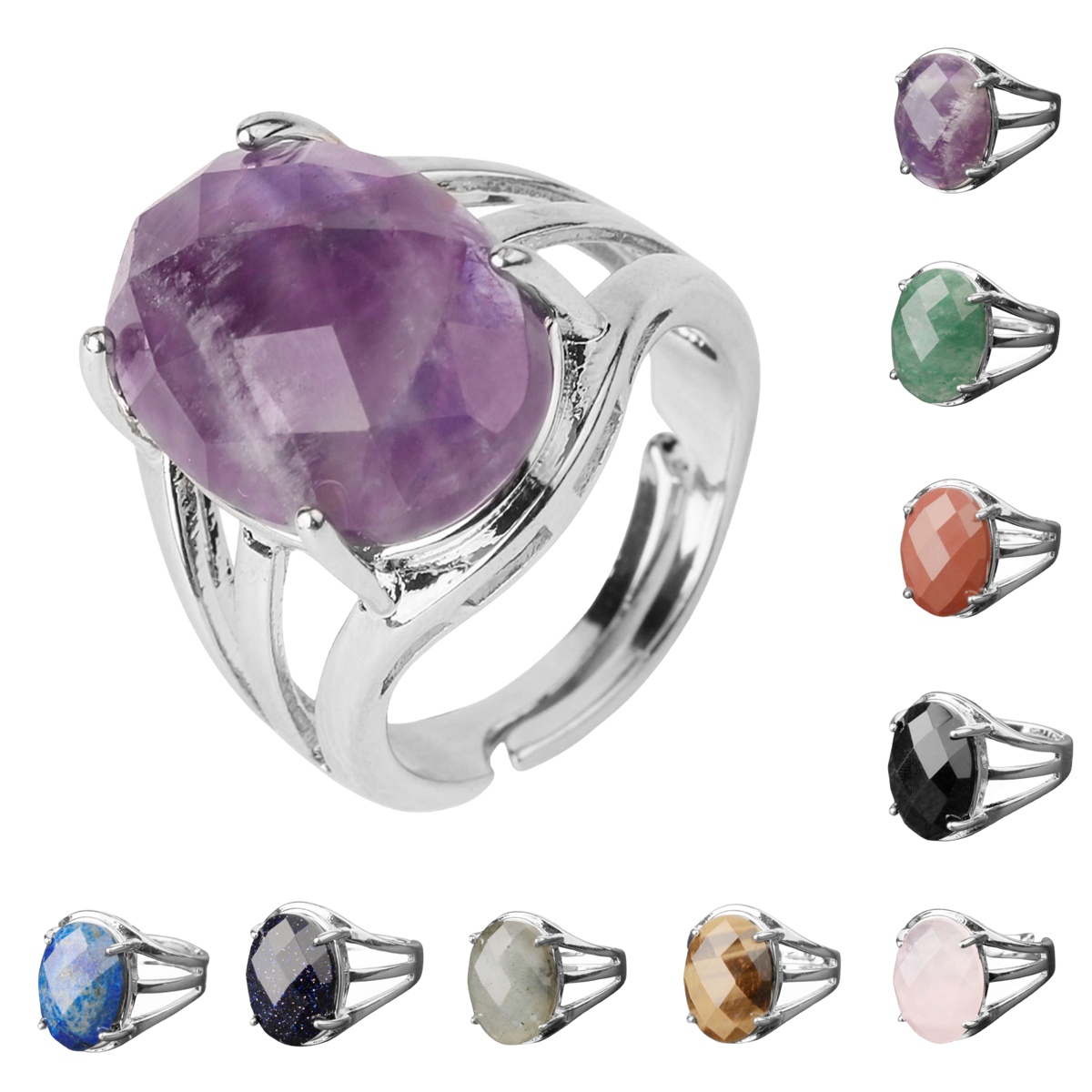Silver Stone Rings for Women Men Adjustable 13X18MM Faceted Oval Gemstone CAB SR0155S