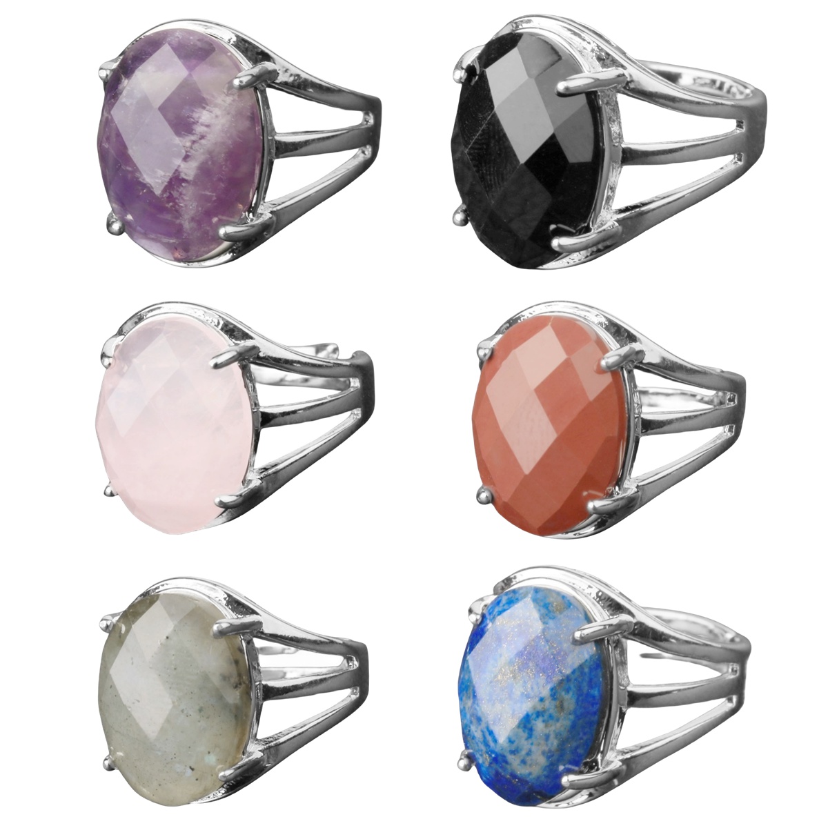Silver Stone Rings for Women Men Adjustable 13X18MM Faceted Oval Gemstone CAB SR0155S