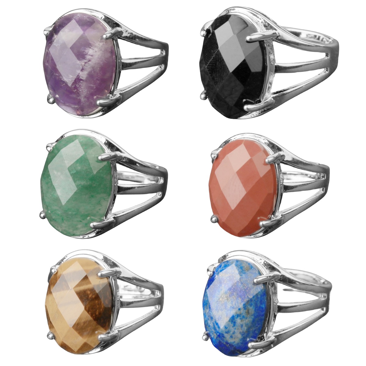 Silver Stone Rings for Women Men Adjustable 13X18MM Faceted Oval Gemstone CAB SR0155S