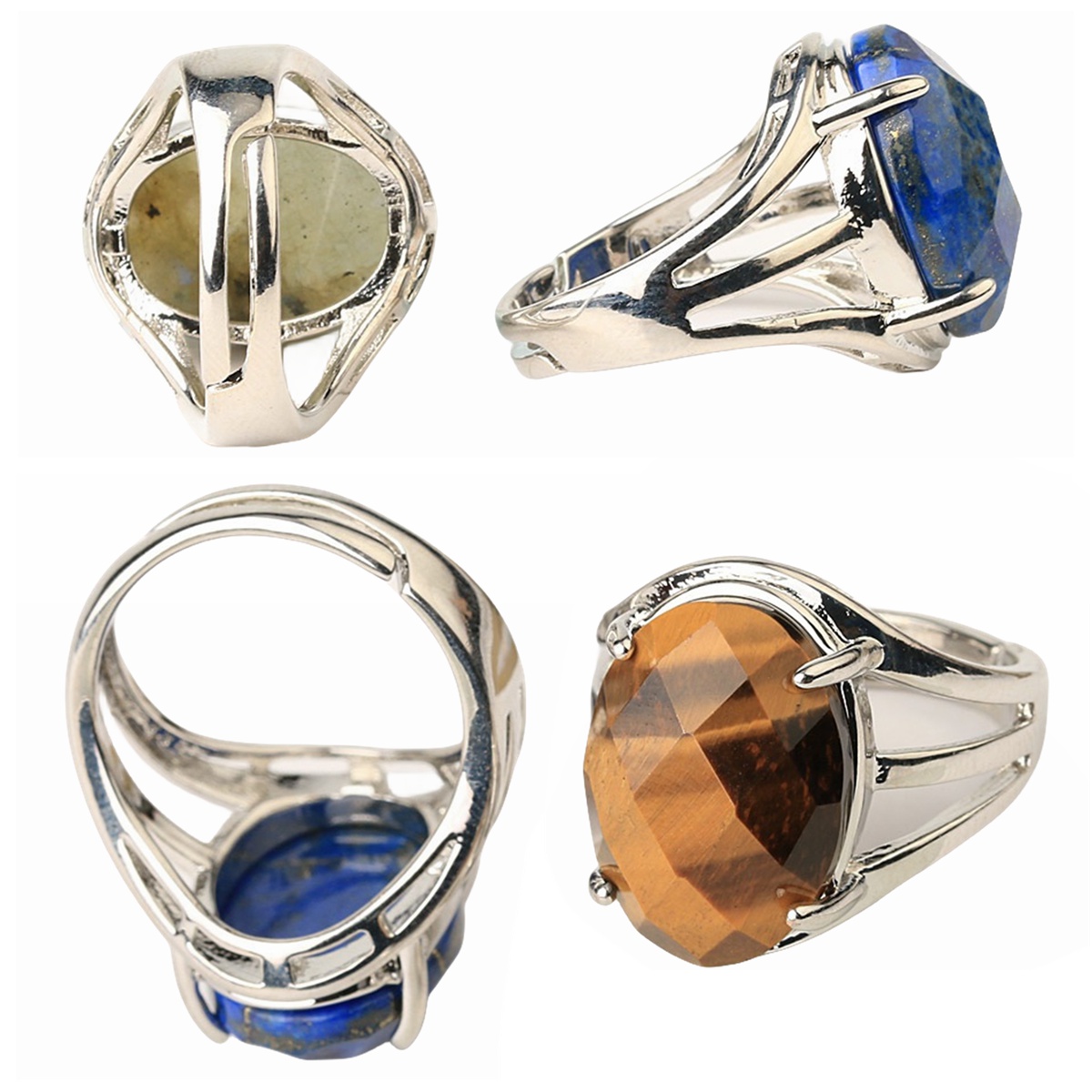 Silver Stone Rings for Women Men Adjustable 13X18MM Faceted Oval Gemstone CAB SR0155S