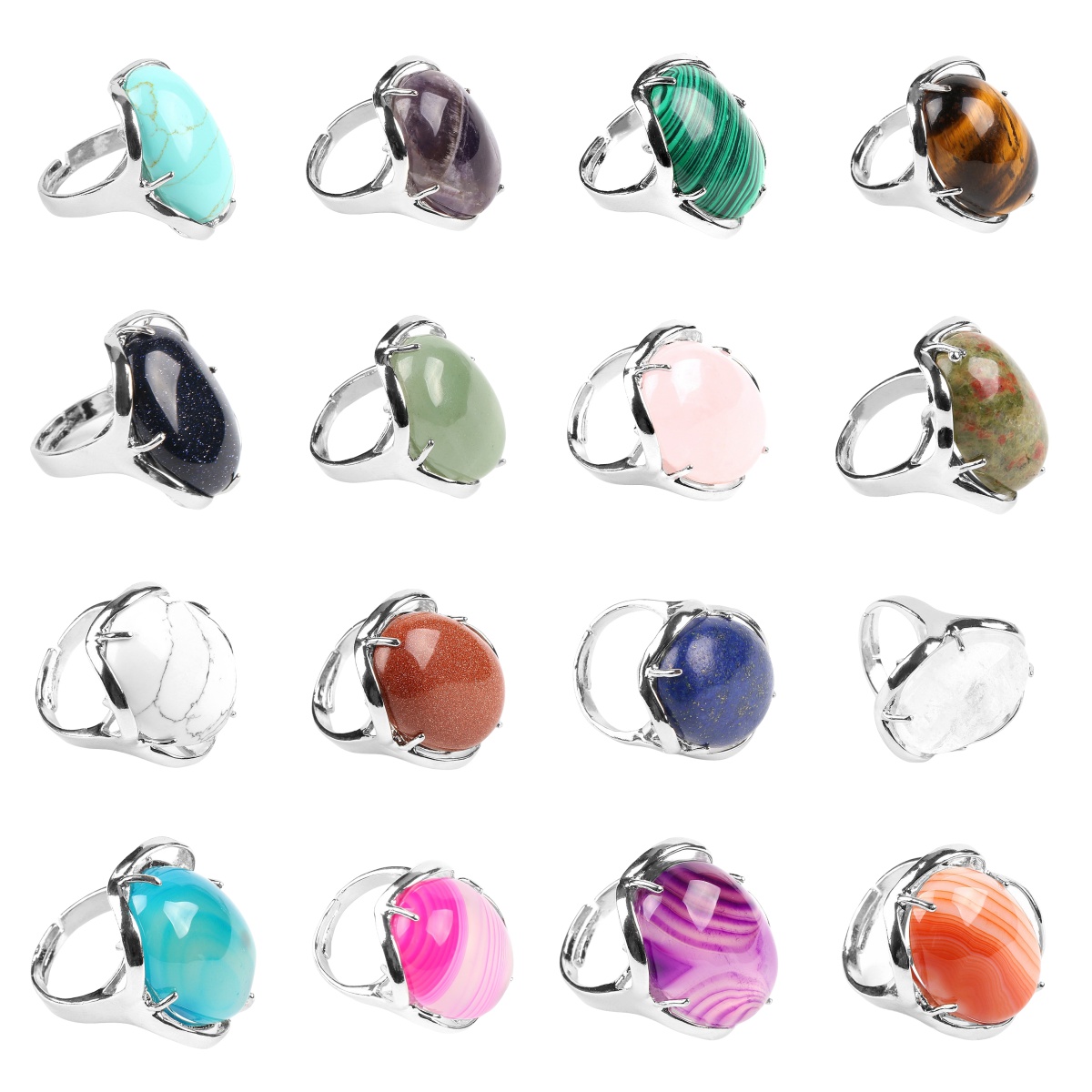 Silver Stone Rings for Women Men Adjustable 18x25MM Oval Gemstone CAB SR0156S 