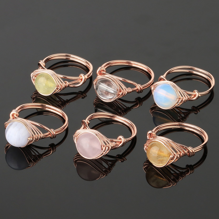 Healing Gemstone Ring for Women 10MM Beads Rose Gold Wire Wrapped Adjustable Ring SR0163 