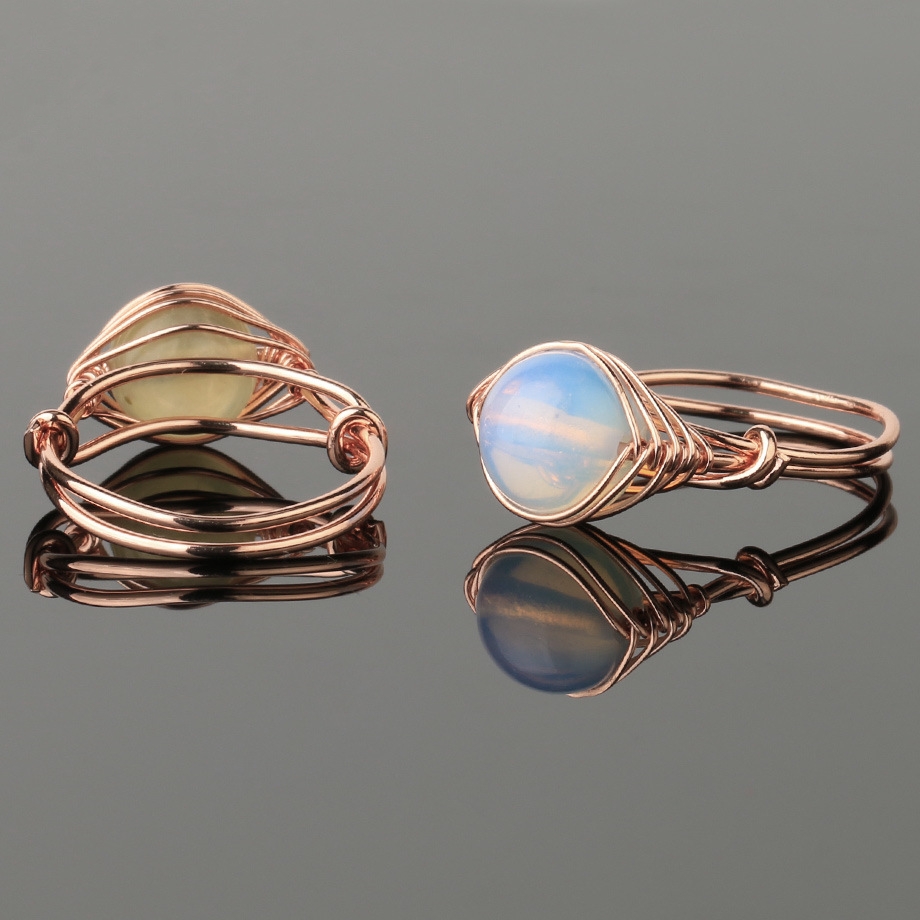 Healing Gemstone Ring for Women 10MM Beads Rose Gold Wire Wrapped Adjustable Ring SR0163 