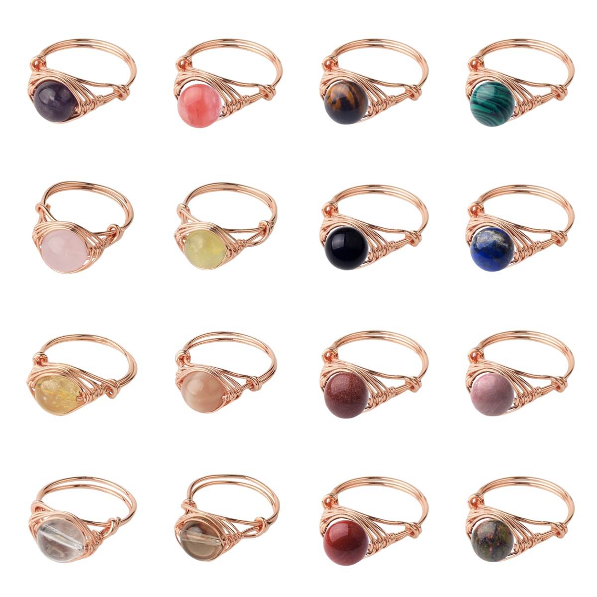 Healing Gemstone Ring for Women 10MM Beads Rose Gold Wire Wrapped Adjustable Ring SR0163 