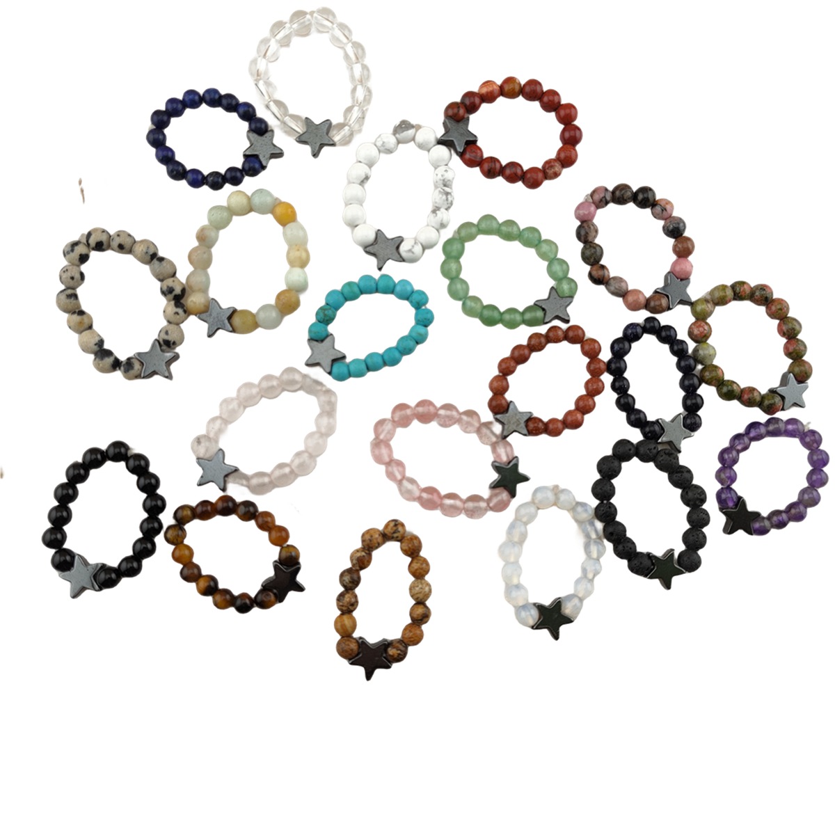 Natural Stone 4MM Round Beads Hematite Stars Stretch Rings SR0169B