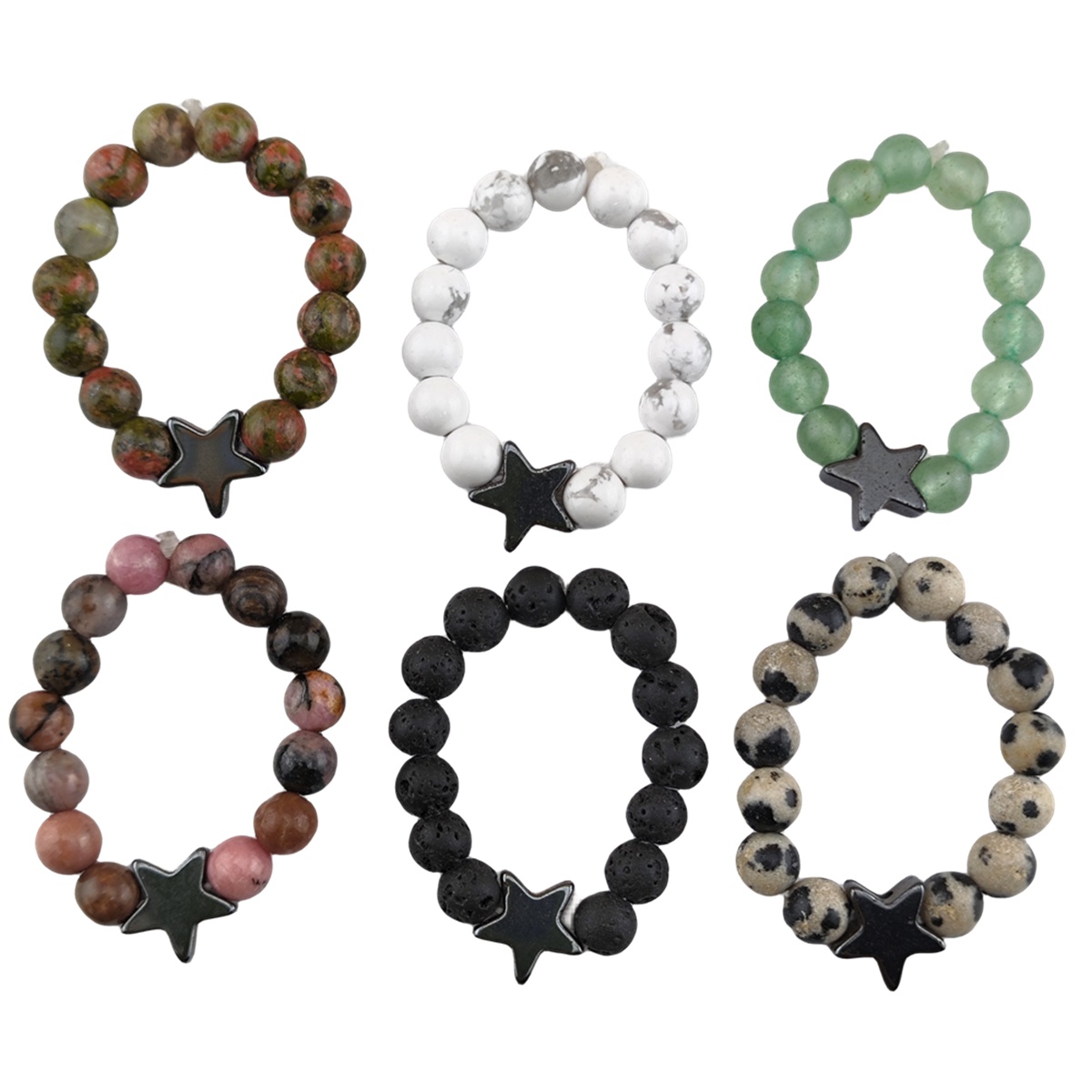 Natural Stone 4MM Round Beads Hematite Stars Stretch Rings SR0169B