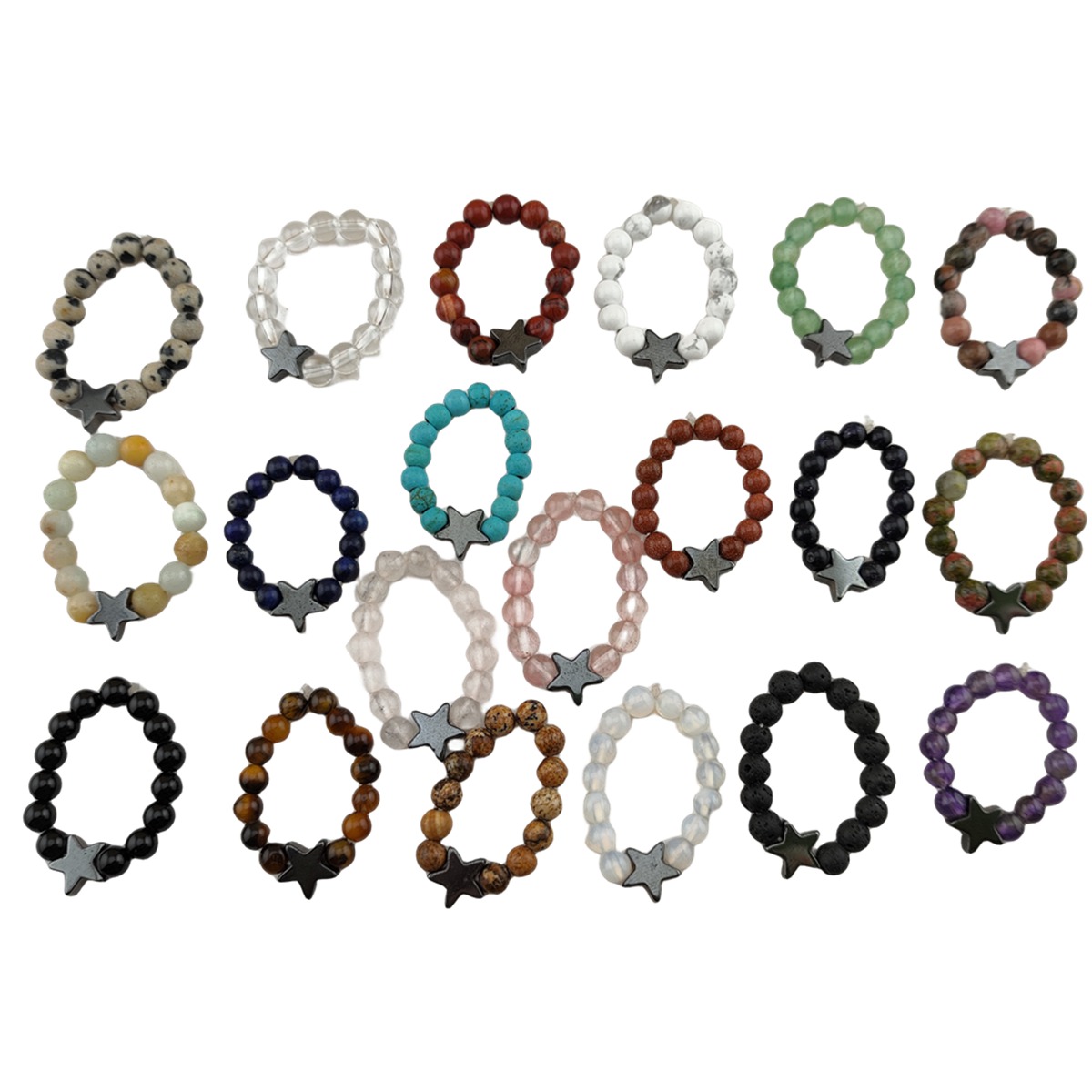 Natural Stone 4MM Round Beads Hematite Stars Stretch Rings SR0169B