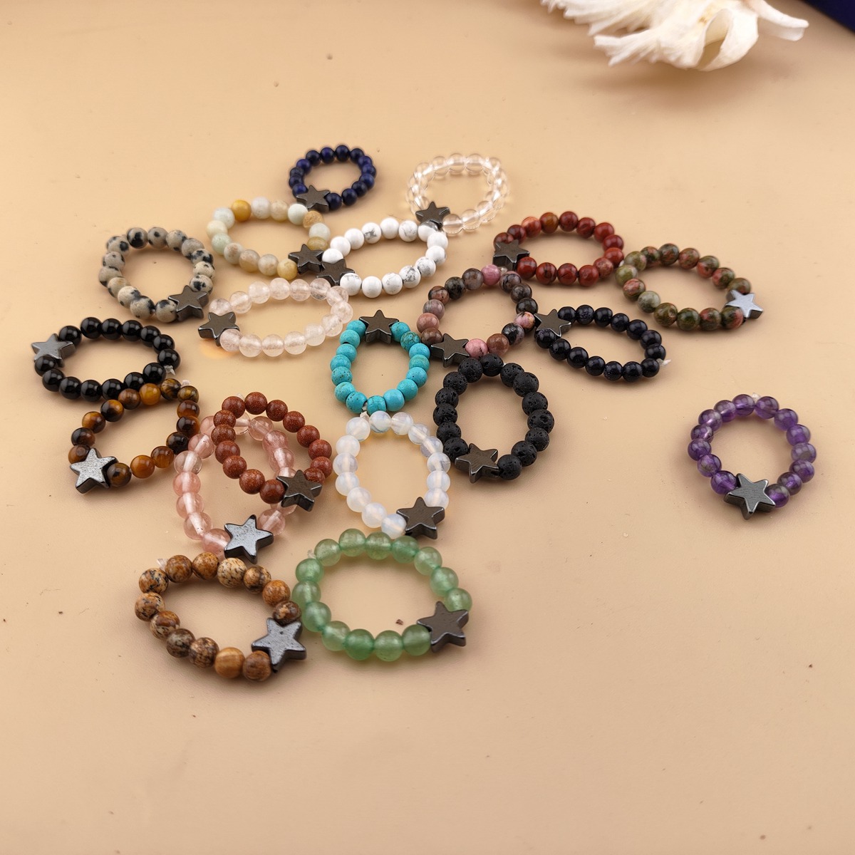Natural Stone 4MM Round Beads Hematite Stars Stretch Rings SR0169B