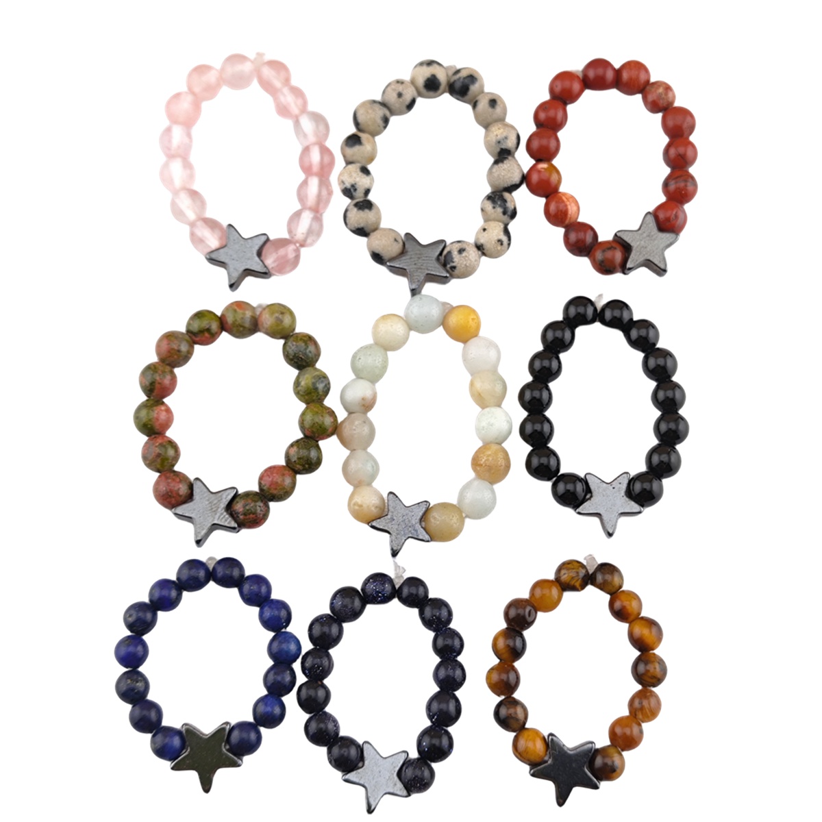 Natural Stone 4MM Round Beads Hematite Stars Stretch Rings SR0169B