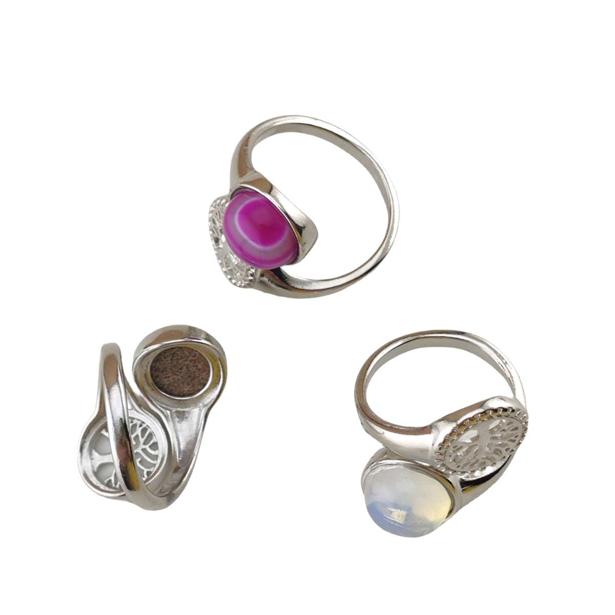 Silver Life of Tree Stone Rings for Women Men Adjustable 10MM Round Gemstone CAB SR0171S