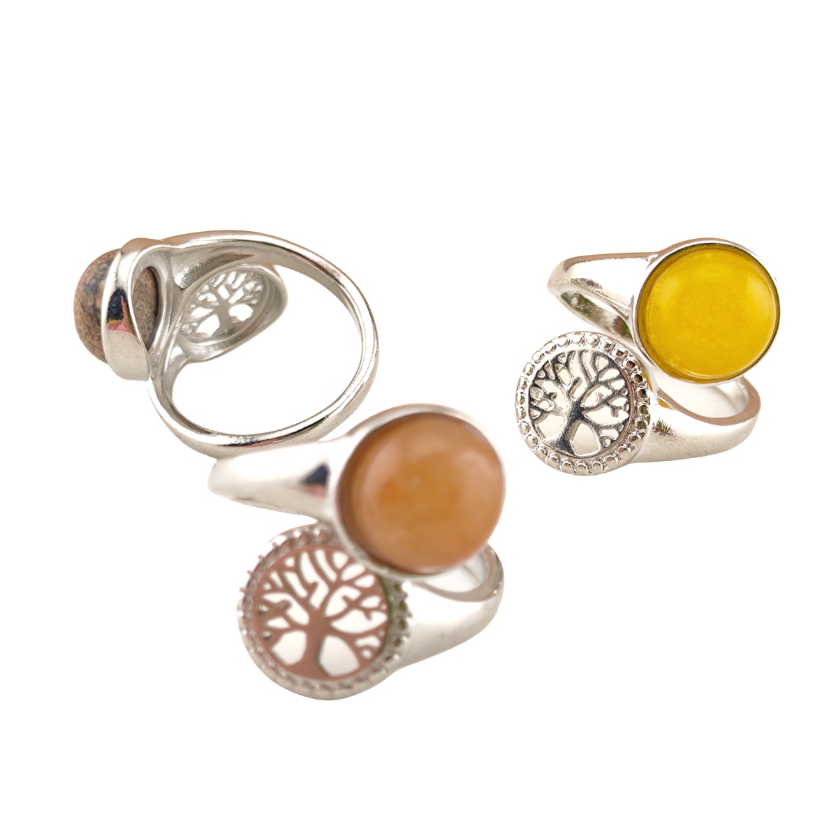 Silver Life of Tree Stone Rings for Women Men Adjustable 10MM Round Gemstone CAB SR0171S
