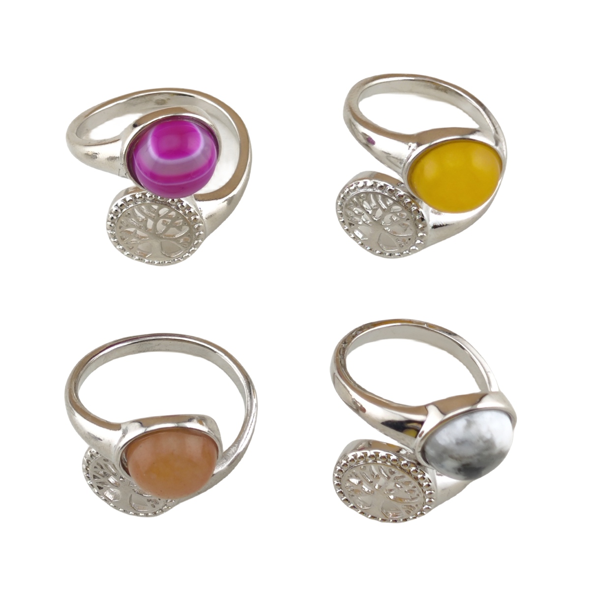 Silver Life of Tree Stone Rings for Women Men Adjustable 10MM Round Gemstone CAB SR0171S