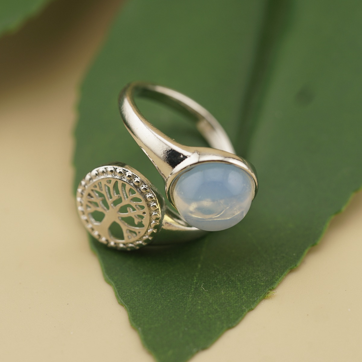 Silver Life of Tree Stone Rings for Women Men Adjustable 10MM Round Gemstone CAB SR0171S