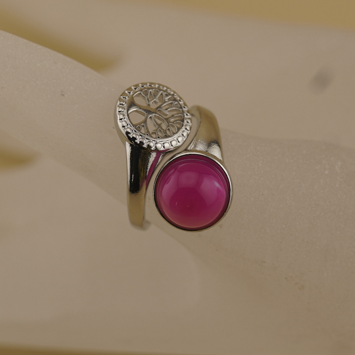 Silver Life of Tree Stone Rings for Women Men Adjustable 10MM Round Gemstone CAB SR0171S