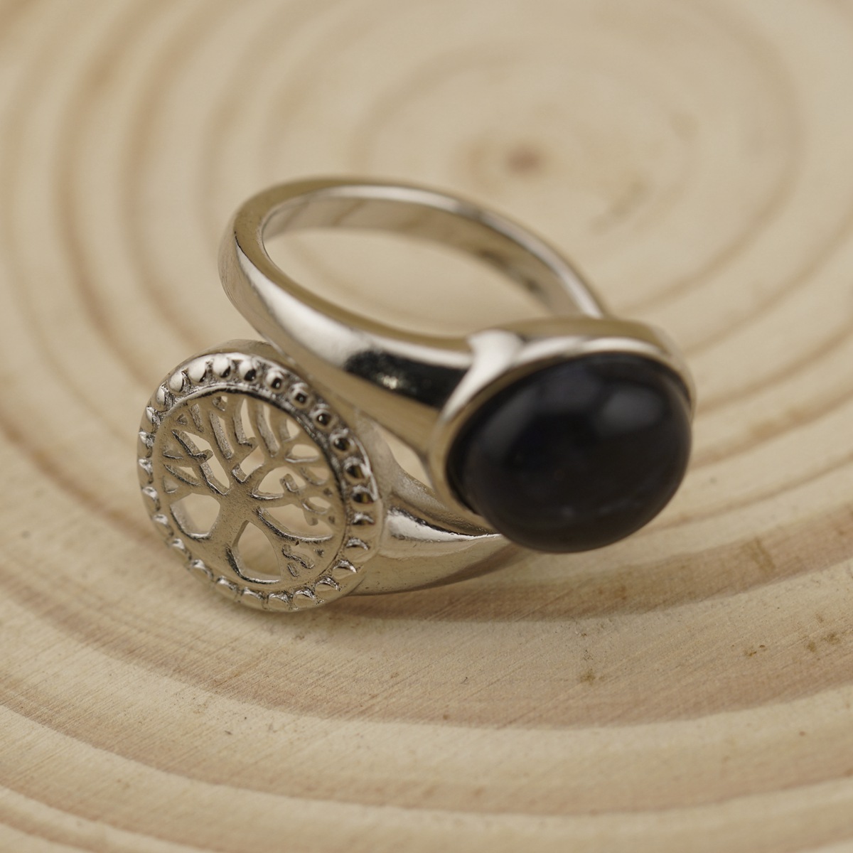 Silver Life of Tree Stone Rings for Women Men Adjustable 10MM Round Gemstone CAB SR0171S