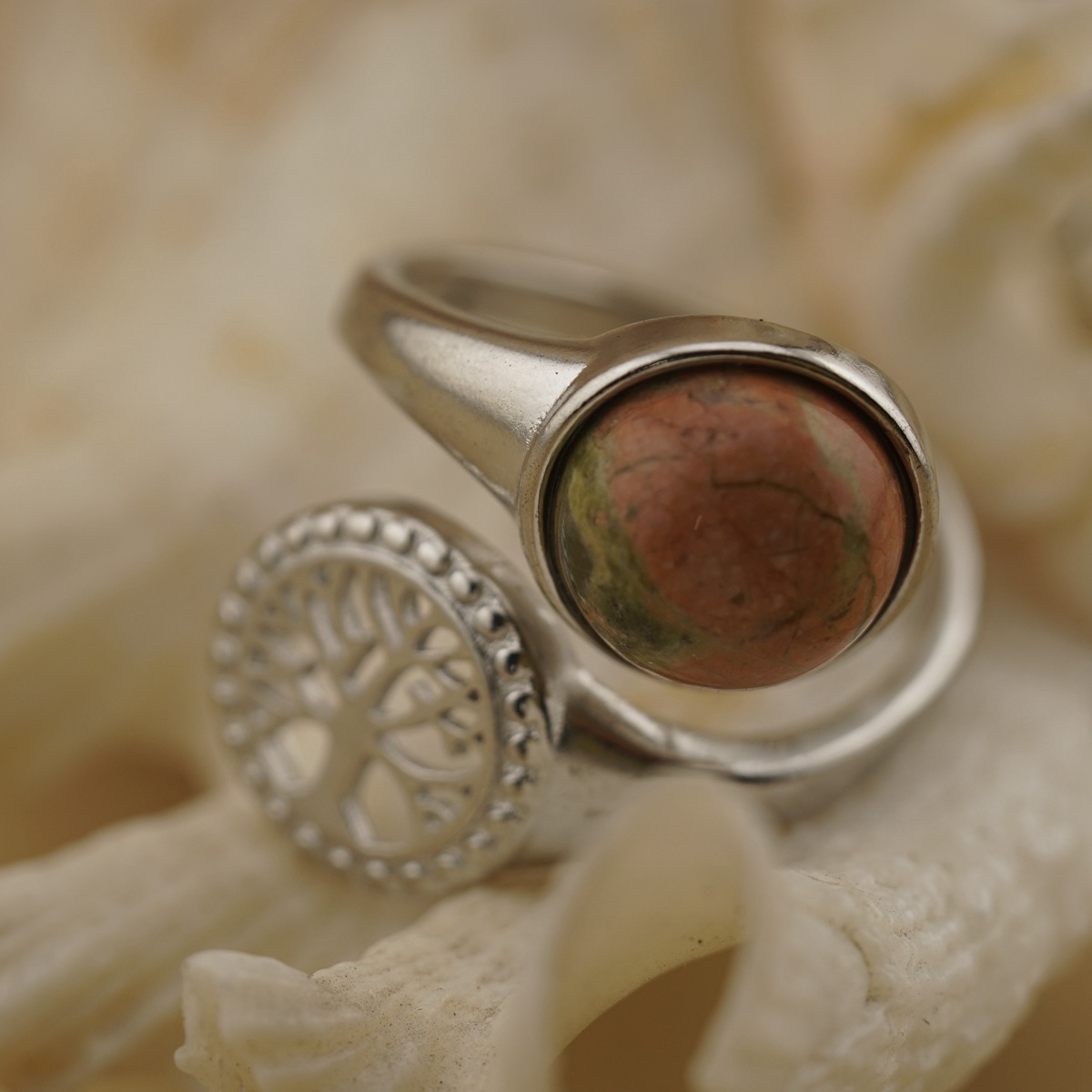 Silver Life of Tree Stone Rings for Women Men Adjustable 10MM Round Gemstone CAB SR0171S