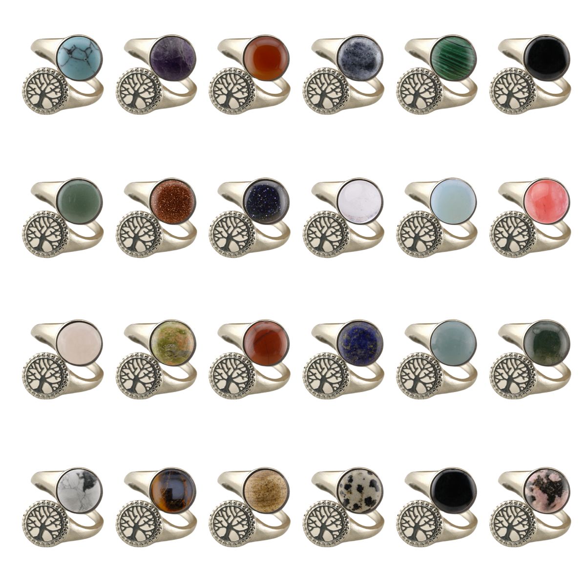 Silver Life of Tree Stone Rings for Women Men Adjustable 10MM Round Gemstone CAB SR0171S