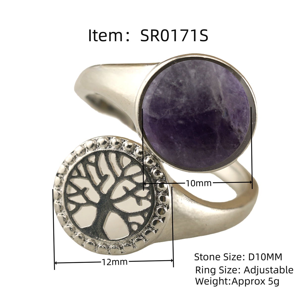 Silver Life of Tree Stone Rings for Women Men Adjustable 10MM Round Gemstone CAB SR0171S