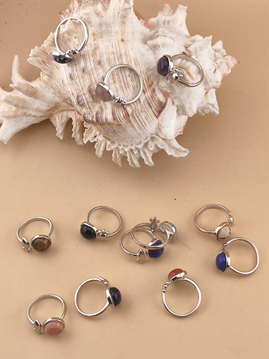 Silver Carrot Stone Rings for Women Men Adjustable 10MM Round Gemstone CAB SR0173S