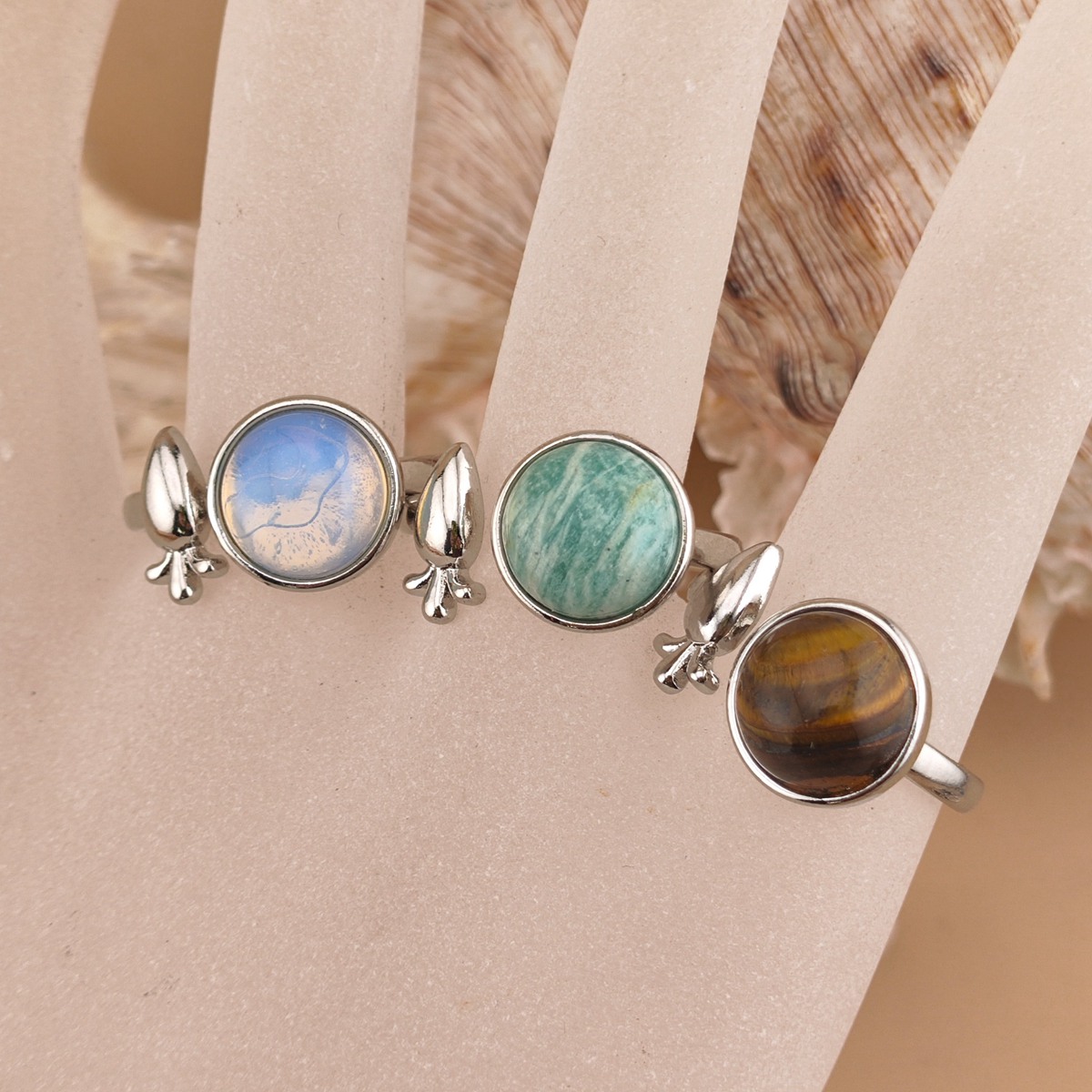 Silver Carrot Stone Rings for Women Men Adjustable 10MM Round Gemstone CAB SR0173S