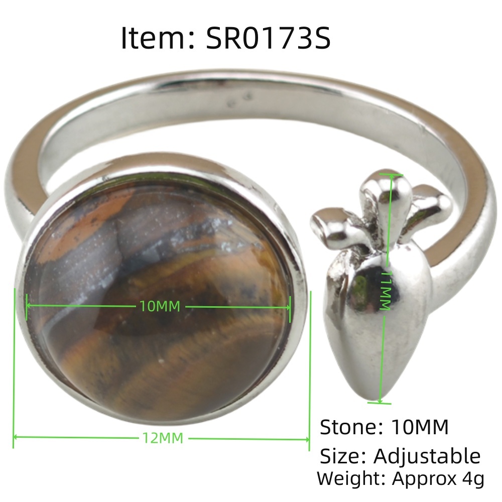 Silver Carrot Stone Rings for Women Men Adjustable 10MM Round Gemstone CAB SR0173S