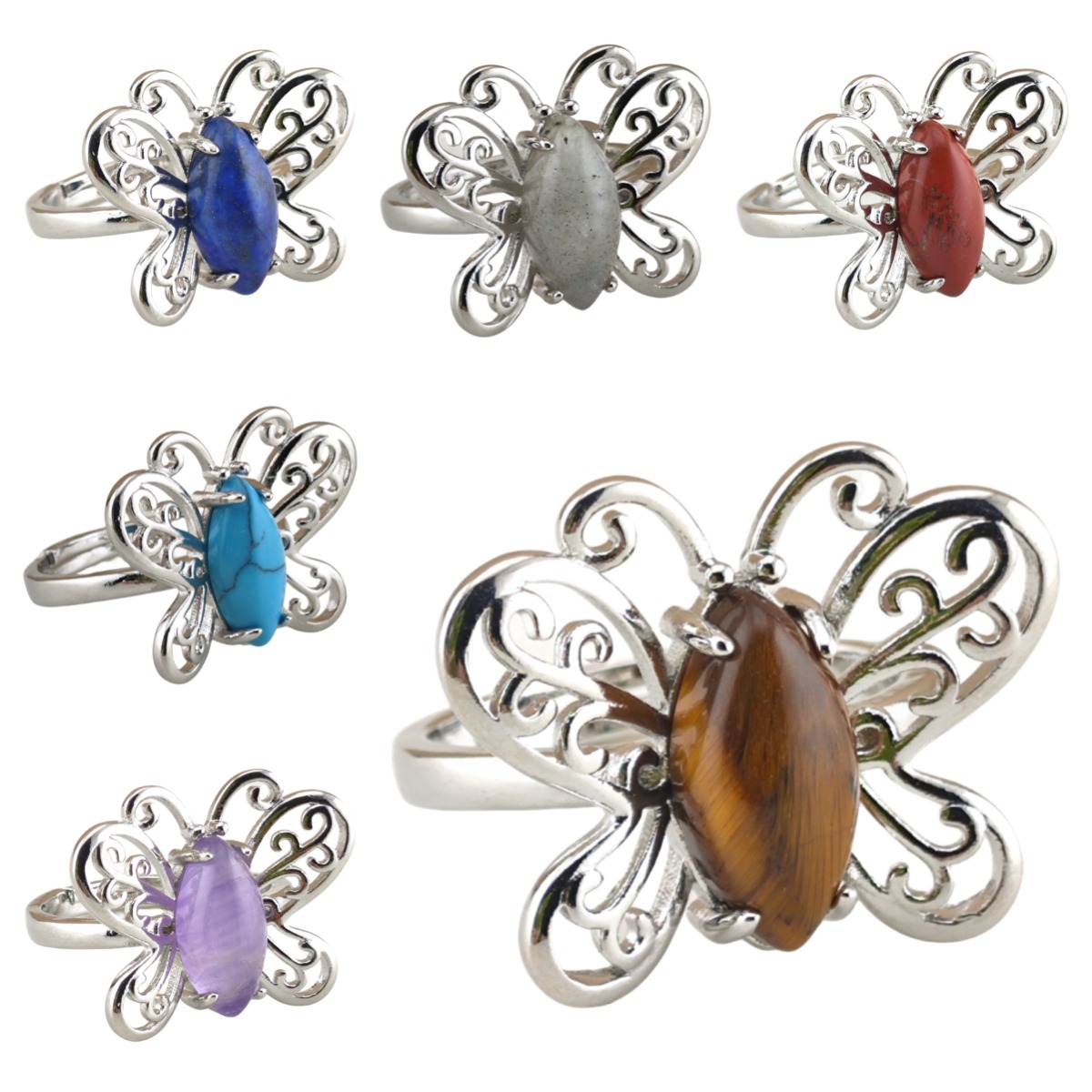 Silver Butterfly Stone Rings for Women Men Adjustable 7x15MM Horse Eye Gemstone CAB SR0175S