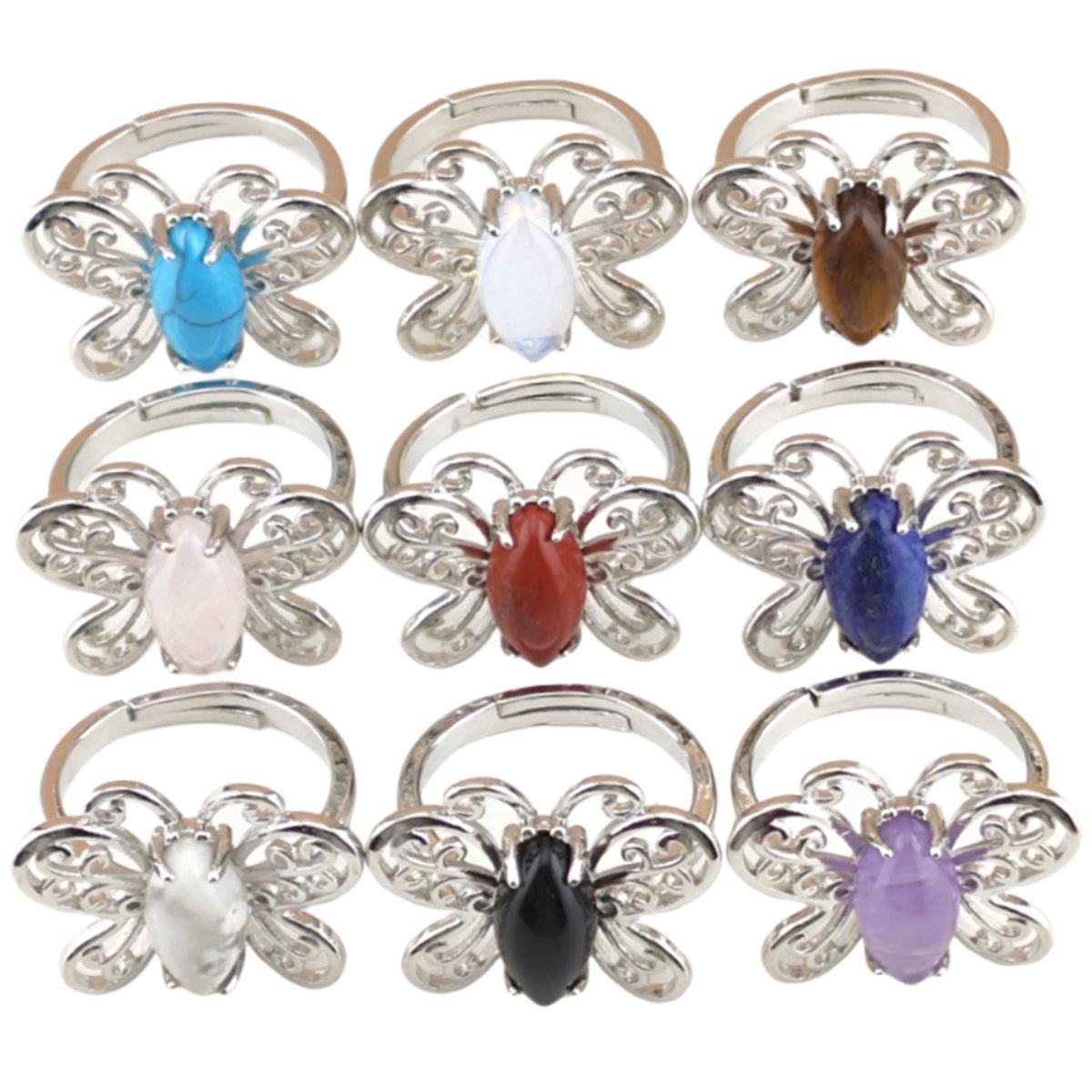 Silver Butterfly Stone Rings for Women Men Adjustable 7x15MM Horse Eye Gemstone CAB SR0175S