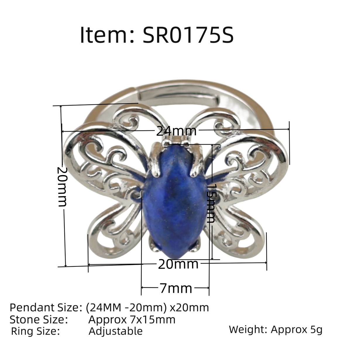 Silver Butterfly Stone Rings for Women Men Adjustable 7x15MM Horse Eye Gemstone CAB SR0175S