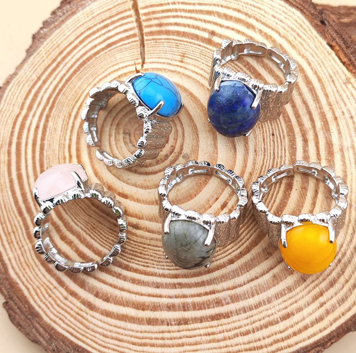 Silver Stone Rings for Women Men Adjustable 13x18MM Horse Eye Gemstone CAB SR0177S