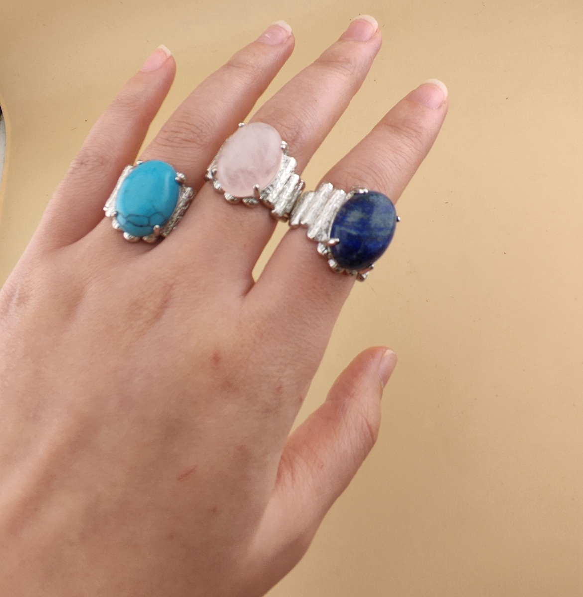 Silver Stone Rings for Women Men Adjustable 13x18MM Horse Eye Gemstone CAB SR0177S